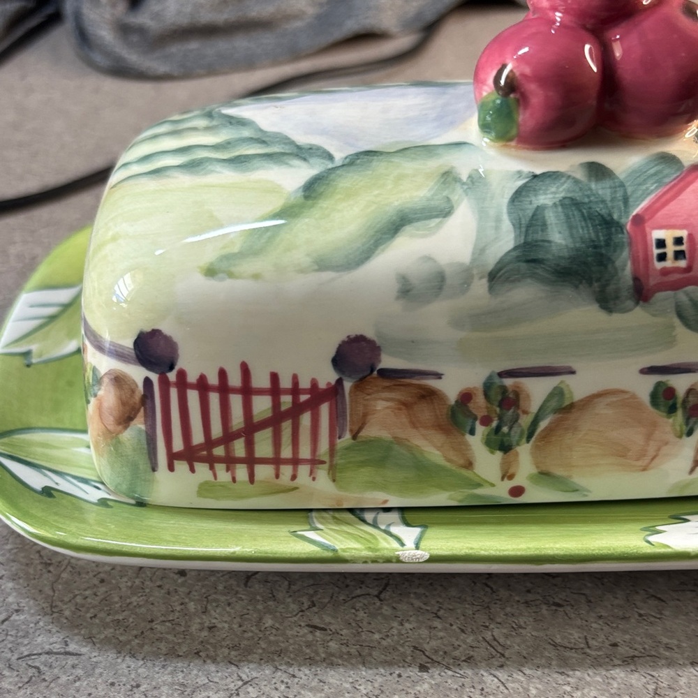 Hand-Painted Mismatched Ceramic Butter Dish with Pink Accents - Picture 3 of 7
